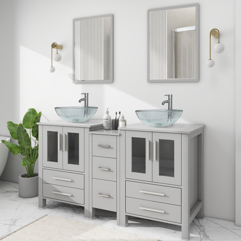 60'' Double Bathroom Vanity with Vessel Sink, Manufactured Wood Top, Faucet (Set of 5), Silver, Gray