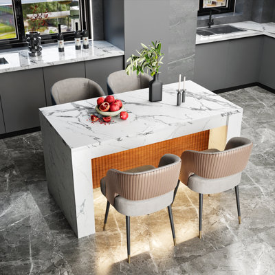 63" Rectangular Imitation Marble Dining Table For 4-6 People, Modern Kitchen Island Table With Led Lights And Grille Design