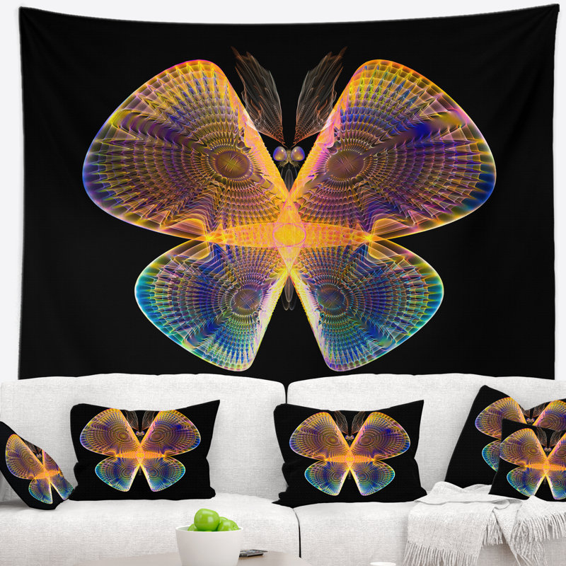 Corwin - papillon abstrait fractal jaune et bleu avec tapisserie foncée, H 32 po x l 39 po
