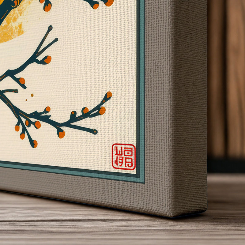 Kingfisher Among Branches Japandi - Wrapped Canvas, 24x16 - 61.0 x 40.6 cm, Taupe Border
