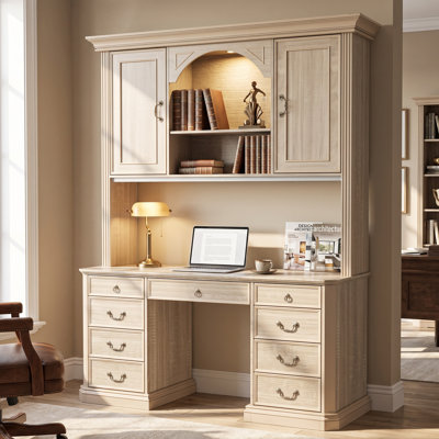 59" W Light Oak Home Office Executive Desk with Hutch & 9 Drawers