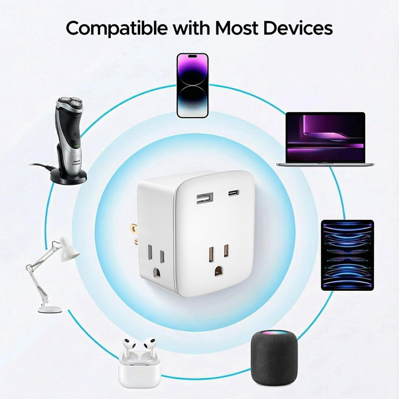 Prolongateur de prise approuvé par un bateau de croisière KeyPower, paquet de 10, multiprise avec protection contre les surtensions avec 3 prises CA et 2 prises USB (1 USB-C), adaptateur multi-fiche, Essentials de voyage, homologué ETL.
