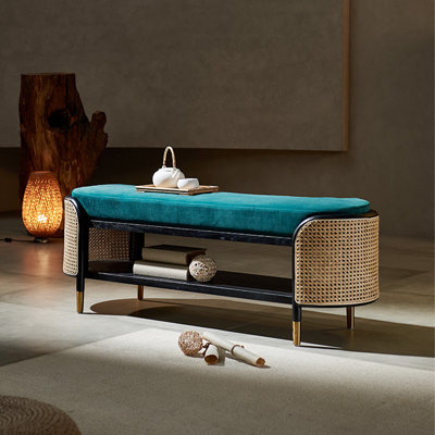 Banc de rangement rétro vintage en bois massif, rotin et lin-coton pour la maison et le salon