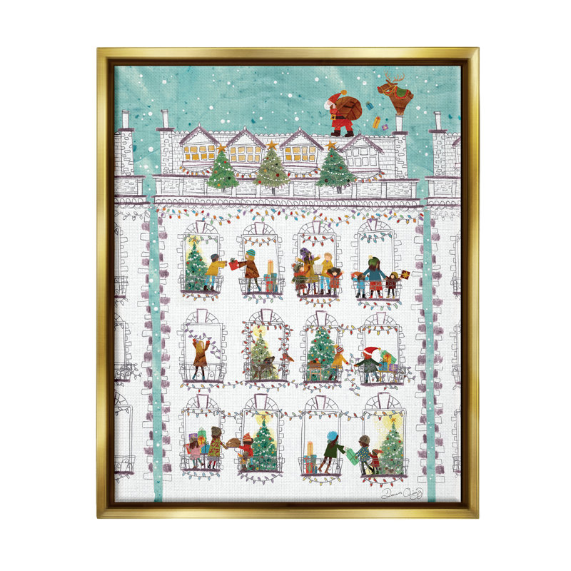 «Santa Claus cadeaux City Rooftop» par Dawn Quigg, impression, H 31 po x l 25 po x P 1,7 po, Cadre flottant métallique doré