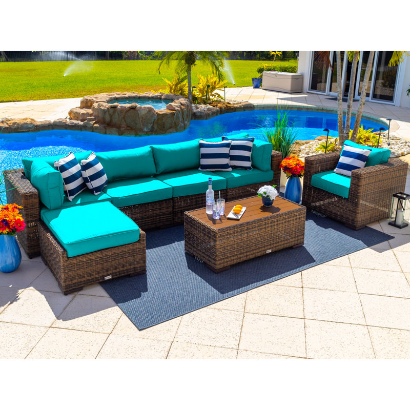 Ensemble de conversation en osier / rotin pour 6 personnes avec coussins Centralmont, Aruba