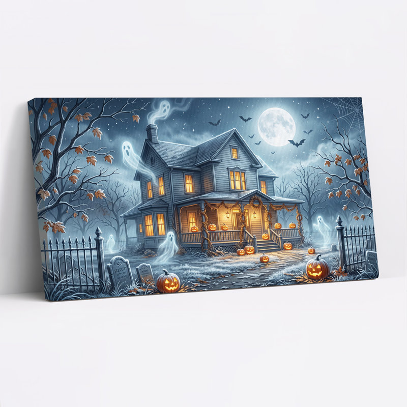Art mural sur toile, "Maison hantée avec citrouilles et fantômes", L 46 po x H 24 po