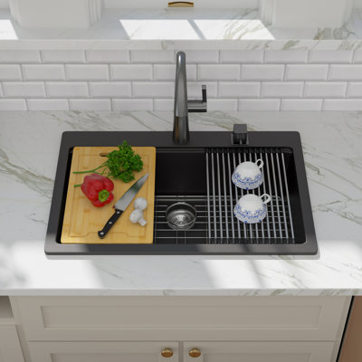 Évier de cuisine à montage sur plan en quartz 33 po x l 22 po, évier de cuisine en granite à simple cuve en composite avec grille d'évier, crépine, planche à découper et support à enrouler