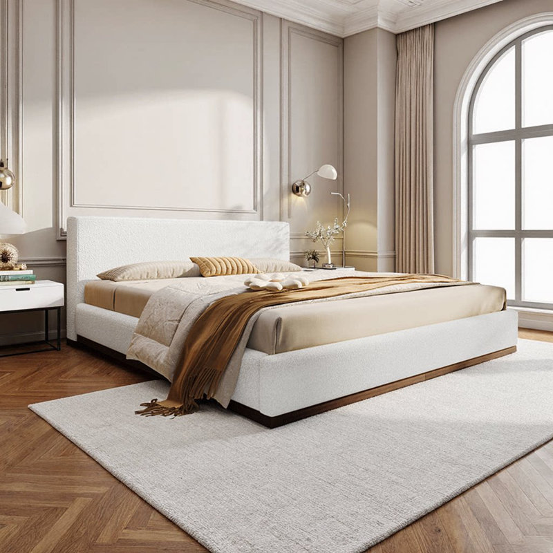 Très grand cadre de lit tapissier en tissu blanc très grand avec base en bois massif et assemblage facile, Très grand lit