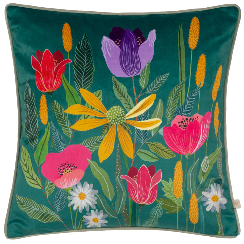 Floral Square Cushion, Teal, Polyester