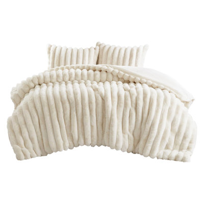 Full/Queen 3 - Piece Faux Fur Comforter With Fluffy Cord Texture, Ultra Soft Backing, Fill, Easy To Maintain Ribbed Matching Shams, Smooth Fur, Uncompressed