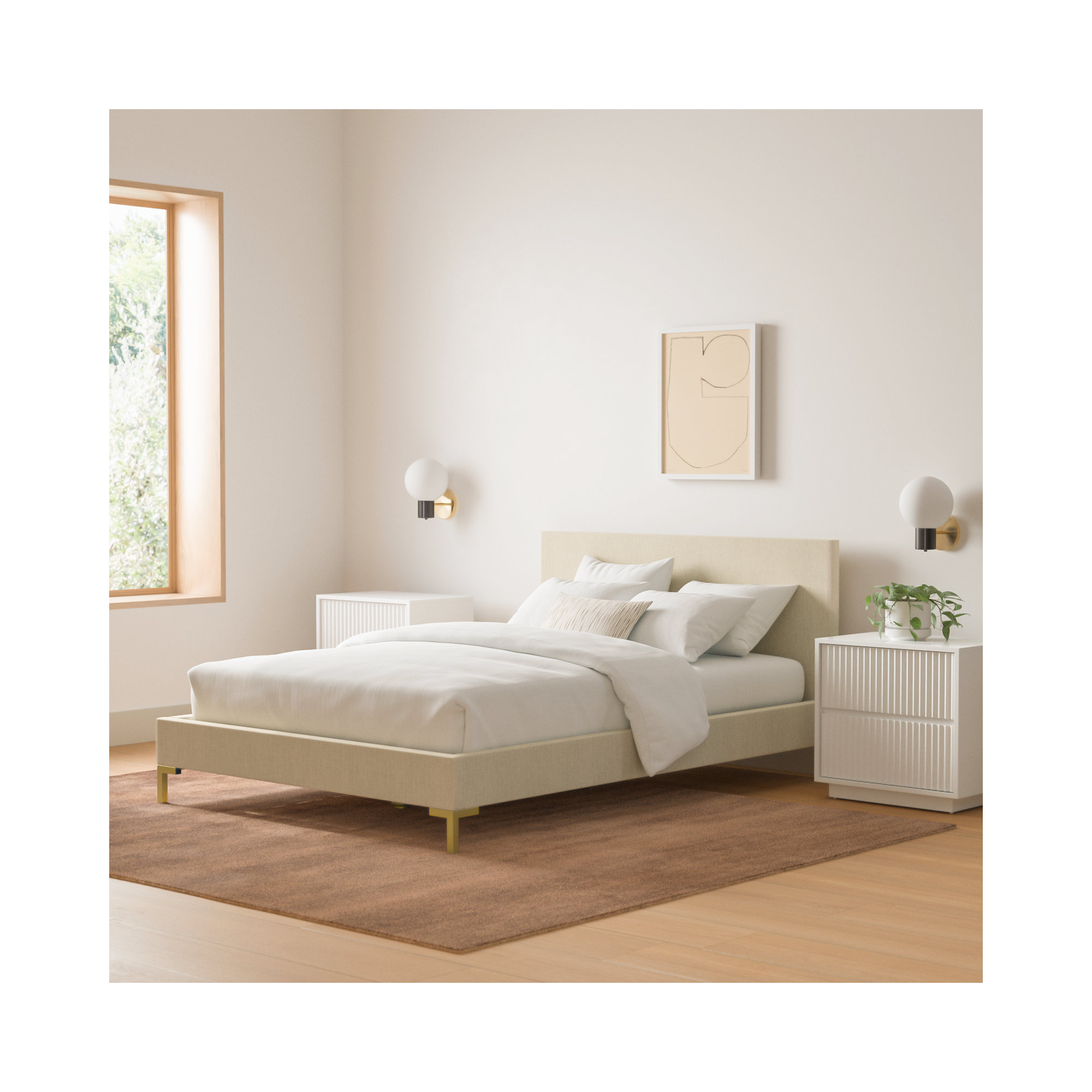 Rand Upholstered Bed, Brass, Full, Classic Linen Linen