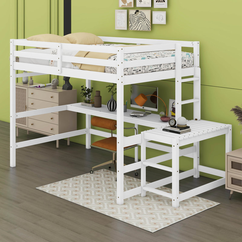 Lit double en bois robuste avec bureau intégré, Blanc