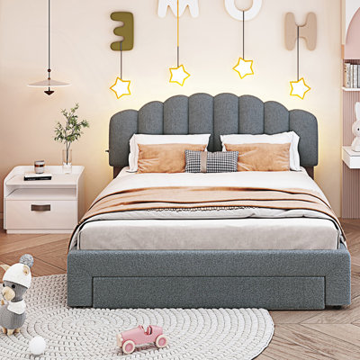 Grand lit plateforme tapissier avec tiroir, cadre de lit à DEL plus intelligent avec ports USB