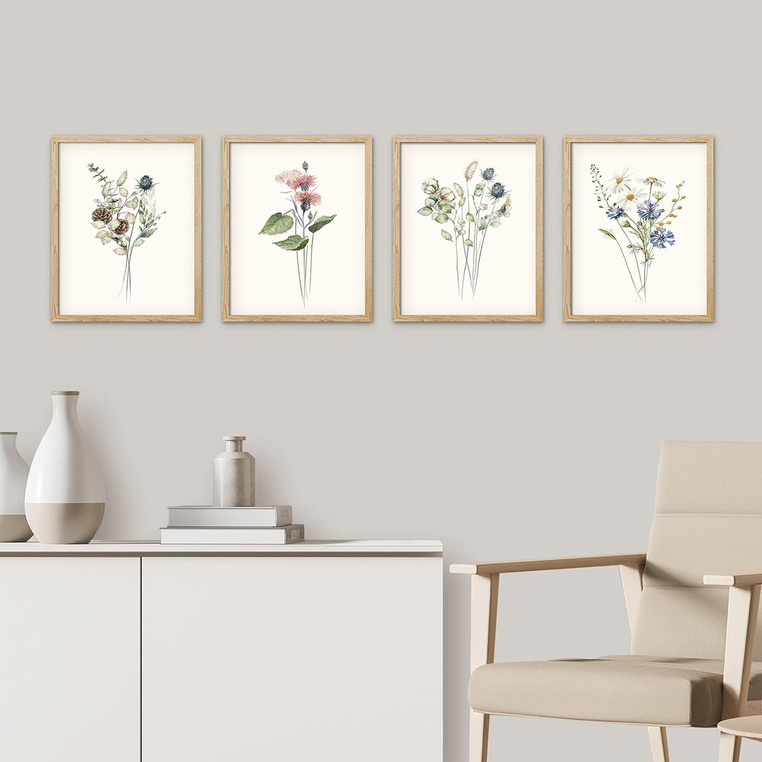 Minimal Botanical " IDEA4WALL Framed Forest Wildflower Collage Wall Art, Set Of 4 Floral Botanical Print Wall Decor Prints, Nature Wilderness Wall Decor For Living Room, Bedroom " 4 - Pieces IDEA4WALL