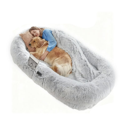 Lit pour chien humain, très grand lit rond pour chien, luxueux fauteuil à billes en peluche avec oreiller, ensemble de couverture, housse lavable à la machine à ceinture, antidérapant pour soulager l'anxiété pour les siestes pour adultes