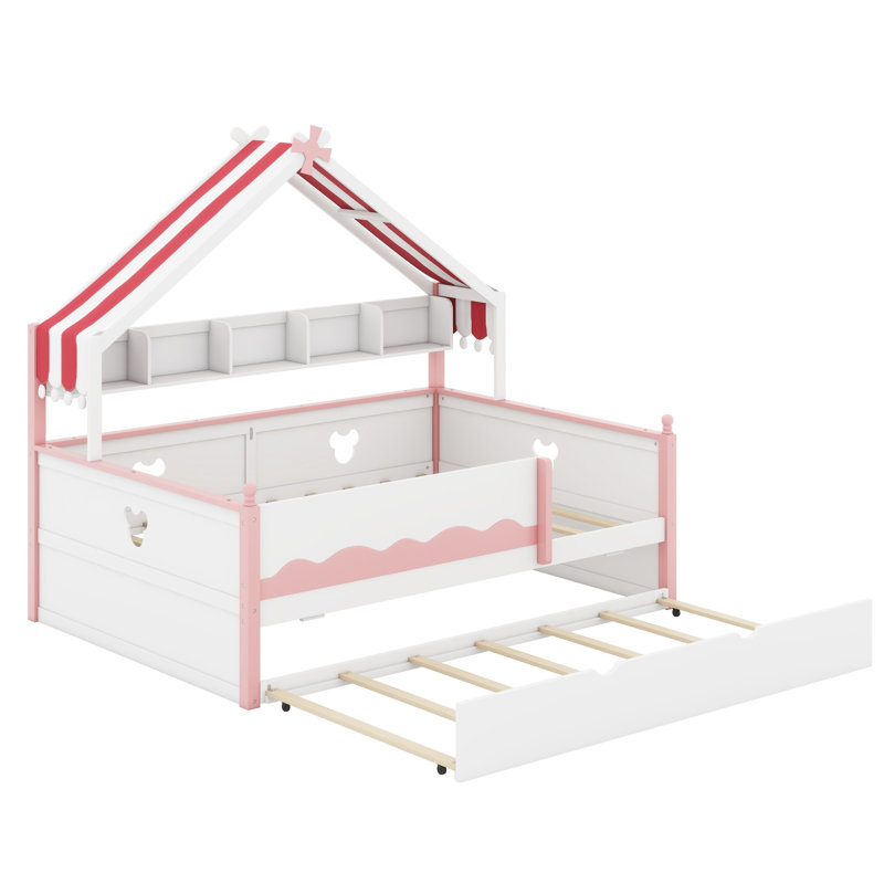 Lit de jour ludique en forme de maison avec étagères intégrées, Lit double, Blanc + rose