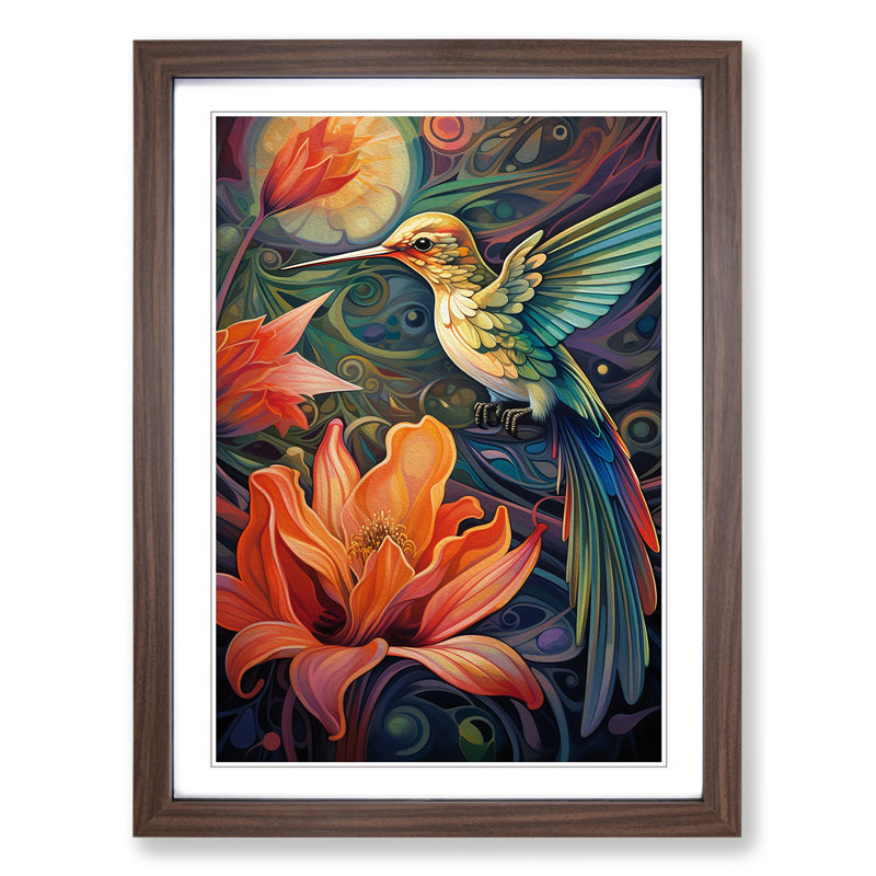 Hummingbird Art Deco - Single Picture Frame Print on Wood, Walnut, 34cm H x 25cm W x 2cm D
