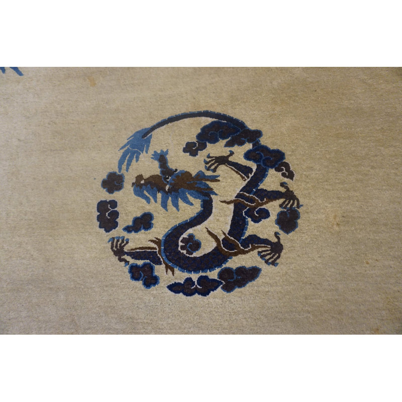 Chinese Antique Knotted 1900s Rectangle Wool - Peking Room Size Ivory Rug