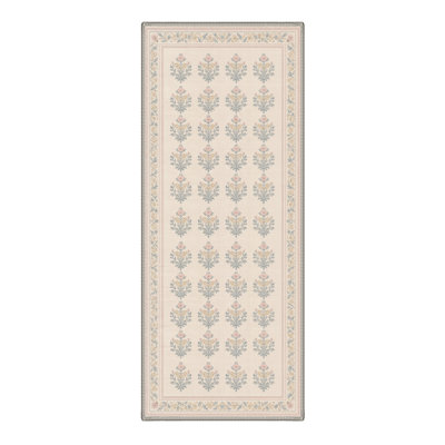 Machine Washable Block Print Beige / Blue Hallway Runner With Non-Slip Backing