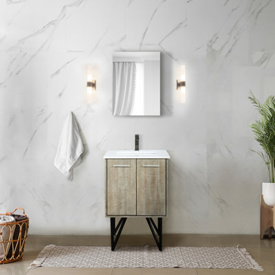 Meuble-lavabo rustique 24 po L, comptoir en quartz blanc, robinet en métal et miroir de 18 po - Scratch avec teinture, comptoir longue durée x P 20