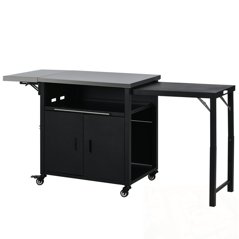 Patio Dining Cart with Trash Rack, Foldable Top and Storage Space, Black