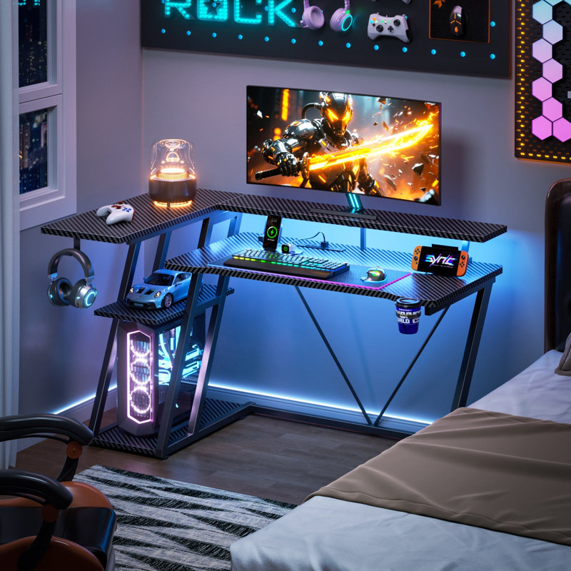 39"W Gaming Desk With Monitor Stand & Cpu Stand,Computer Desk With Power Outlet & RGB LED Lights,Home Office Desk With Cup Holder & Headphone Hook
