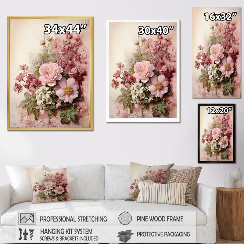 Bouquet de roses roses en fleurs, H 40 po x l 30 po x P 1,5 po, Cadre flottant noir