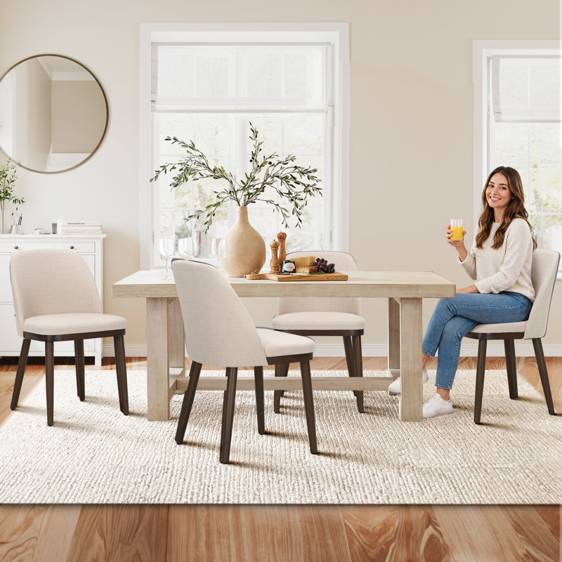 Modern Compact Fabric Upholstered Dining Chair ,with Solid Wood Legs, Ergonomic Curved Back, Easy Assembly, Beige