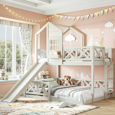 Lit superposé 1 place + 1 place + avec glissade, lit mezzanine cabane en bois pour enfants avec barrière de sécurité et rangement, sans sommier, beige