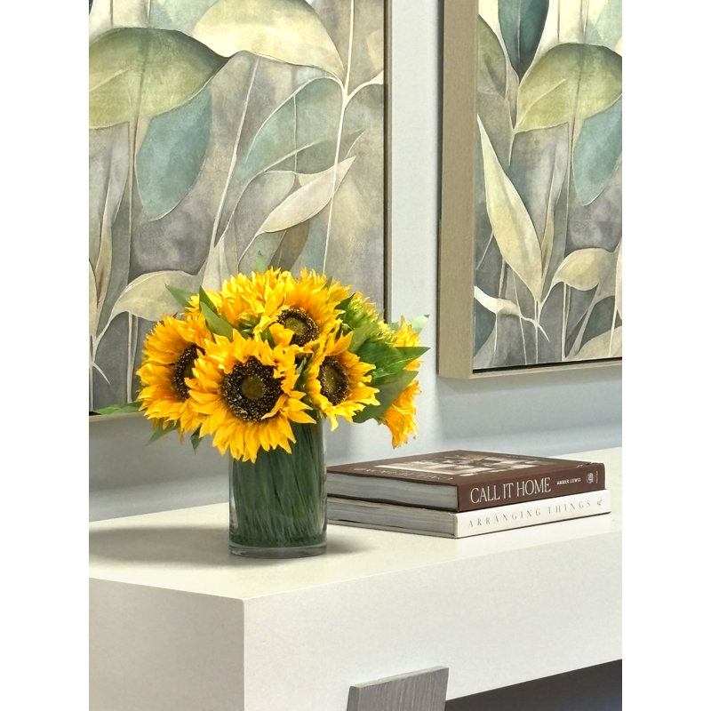 Sunflowers In Glass Vase With Grass, Yellow