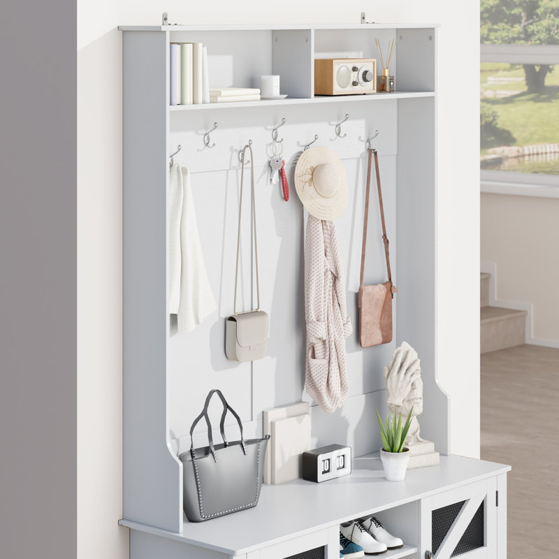 Beitske 5-in-1 Hall Tree with Storage Bench and Barn Doors, Retro Entryway Organizer with Coat Rack, Shoe Cubbies, Hooks & Upper Shelf for Foyer or Mudroom