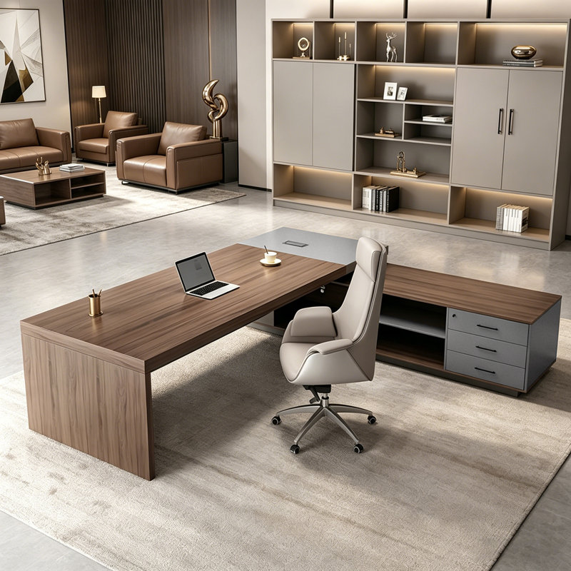 Bureau de direction moderne à blocs de couleur brun et gris avec tiroirs de rangement modernes, 29.53" H x 78.74" W x 31.5" D
