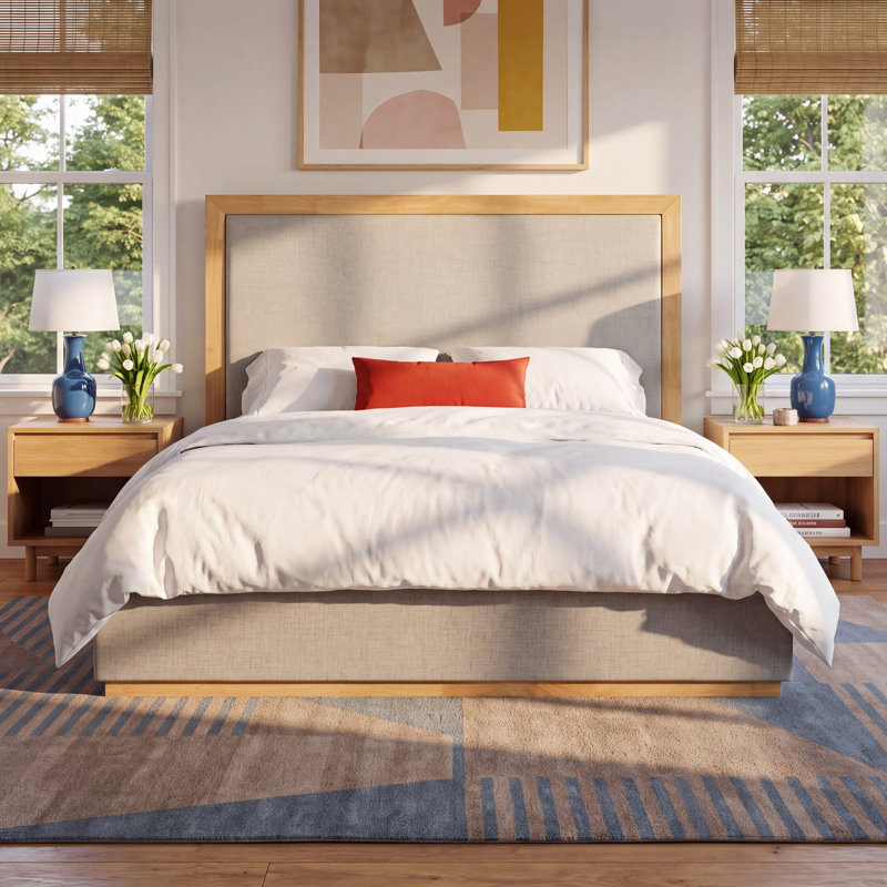Reanna Upholstered Platform Bed, King, Natural Wood/Gray