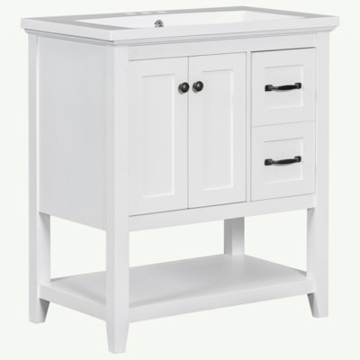 Meuble-lavabo 30 po avec comptoir en céramique, meuble-lavabo avec tiroir multifonctionnel, pieds en bois massif, blanc