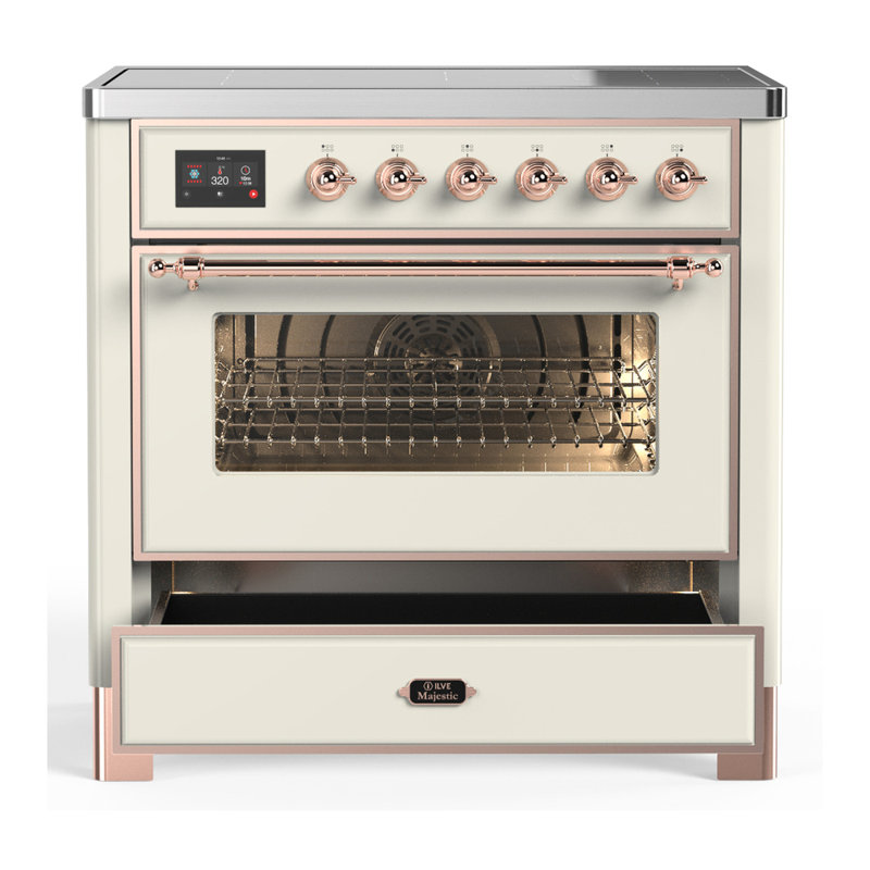 Cuisinière à induction 36 pouces avec 6 éléments à induction en blanc antique Majestic III Series (garniture en cuivre)