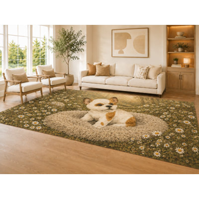 "Ultra Light Weight" Large 6'7" x 9'10"  Brown and Cream French Bulldog Area Rug for Living Room, Soft Low Pile Carpet with Non-Slip Silicone Backing, Decor for Bedroom Dining Room and Home Office