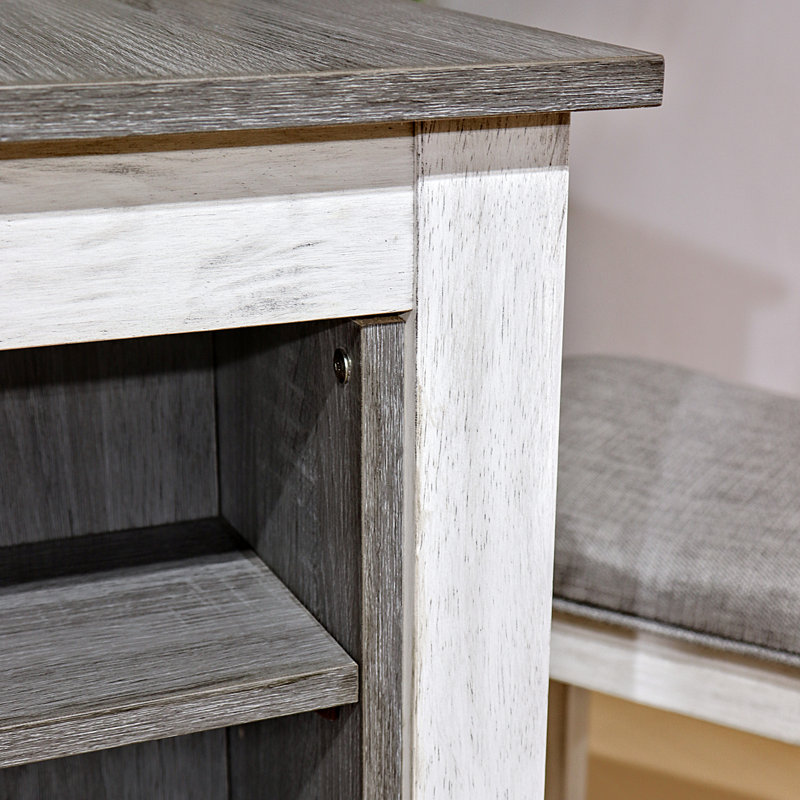 Comptoir 3 pièces avec rangement, style moderne, construction, installation rapide, sièges rembourrés, tablettes latérales, plateau de table blanc délavé, assemblage, tabourets peu encombrants, bois massif rétro Easy +, encastré