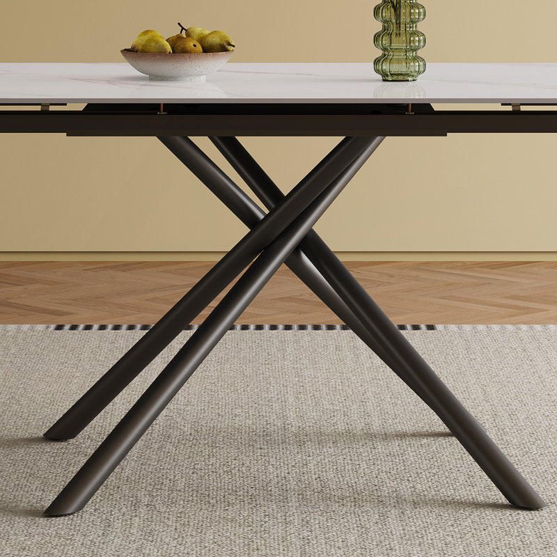 Table de salle à manger rétractable en pierre frittée, de conception rectangulaire moderne, avec des pieds en acier au carbone noir au bas, 71 po convenant pour 6 à 8 sièges