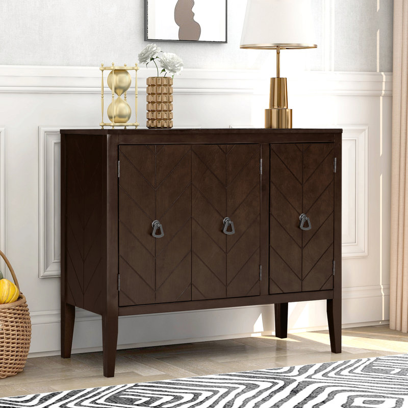 37.02" Sideboard with 3 Doors, Retro Buffet Minimalist Wooden Storage Cabinet for Living Room, Kitchen, Brown