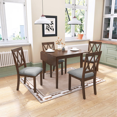 Foldable Dining Table Set for Small Space, 5 Piece Extendable Dining Set Farmhouse Style, Small Kitchen Table Set with Drop Leaf Dining Table and 4 Dining Upholstered Chairs