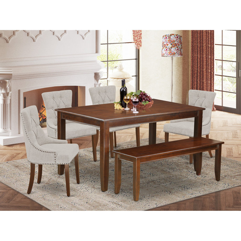 6 Piece Dining Table Set Contains a Rectangle Dining Room Table and 4 Doeskin Linen Fabric Upholstered Chairs with a Bench, Mahogany