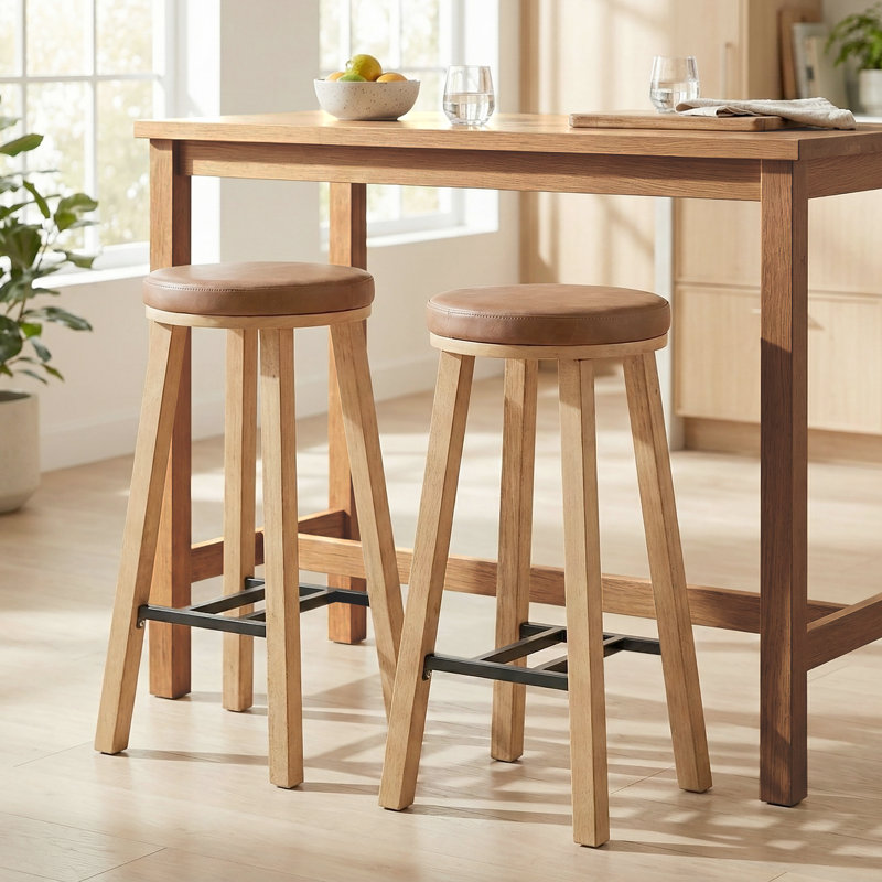 Upholstered Round Wood Counter Stool - Set of 2, Bar Stool (29" Seat Height)
