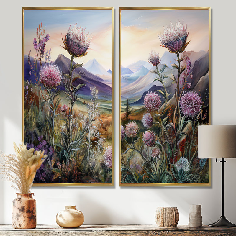 Charme de montagne champ de chardon mauve - chardon floral, art mural, H 40 po x l 40 po, Impression encadrée flottante, Doré