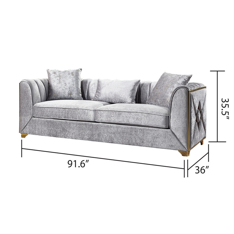 Velours moderne à 3 places argenté, structure en bois, accents dorés, largeur 91 po, profondeur 36, hauteur 31, espace de vie