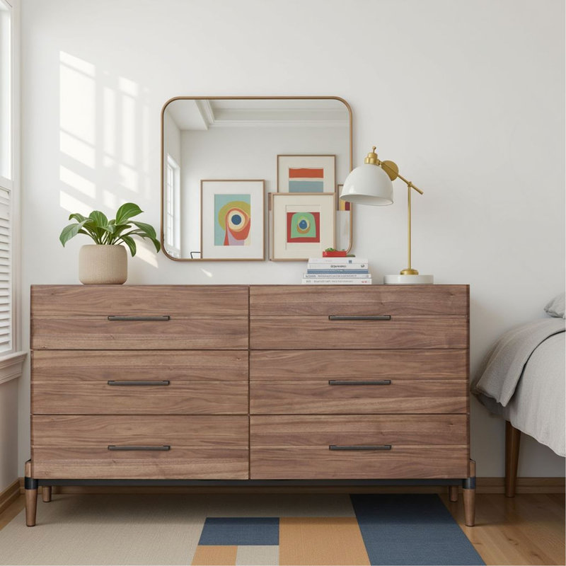 La commode et la commode avec une finition en bois clair et des poignées foncées minces allient simplicité moderne et rangement spacieux pour la chambre à coucher