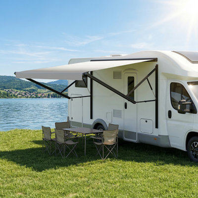 Retractable Rv/Patio Awning, Heavy Duty Weatherproof Canopy With Lights, One-Touch Swich, White