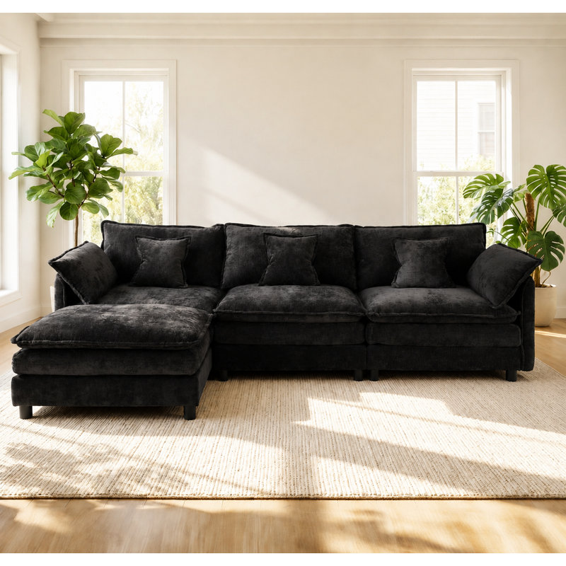 107" Modular L-Shaped Cloud Sectional Sofa for Living Room, Black Chenille 3-Seat Couch with Movable Ottoman and Lumbar Pillows