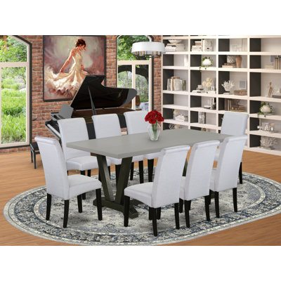 Aimee-Jo 9-Pc Dining Table Set - 8 Kitchen Chairs And 1 Modern Rectangular Distressed Jacobean Wood Dining Table Top With High Chair Back - Linen Whit