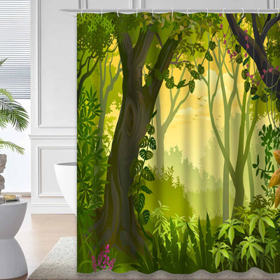 Warm Jungle Forest Nature Rain Landscape Shower Curtain with 12 Hooks
