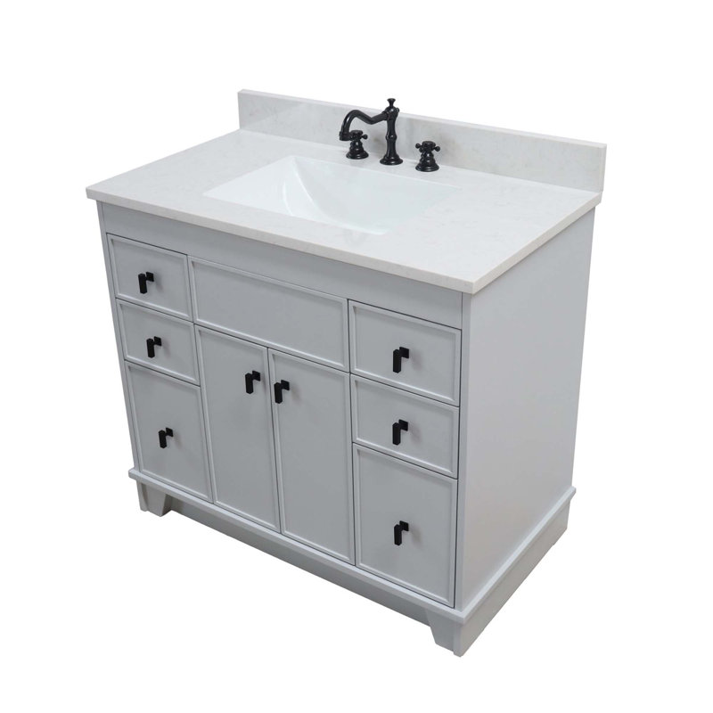 Meuble-lavabo simple 39 po avec plateau en quartz d'ingénierie Astred, Gris français, Noir mat